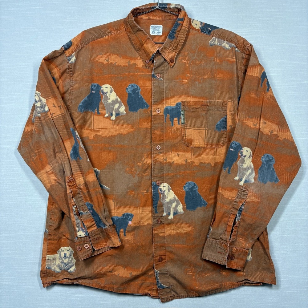 Columbia PHG Button Shirt Men Large Orange Brown Dogs Lab Cotton‎ Outdoor AOP